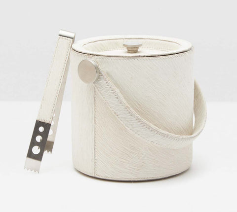 Bromlee White Hair on Hide Leather Ice Bucket and Tongs - Herringbone and Company