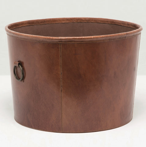 Oden Round Brown Leather Storage Bin - Herringbone and Company