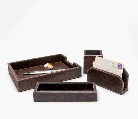 Hyde-Park Dark Brown Calf Hair and Canvas 4 Piece Desk Accessory SET - Herringbone and Company