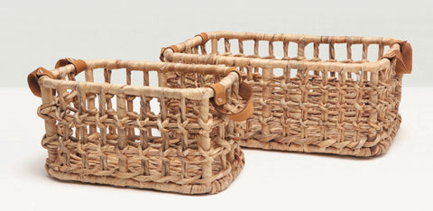 Summerset Natural Woven Baskets with Leather Handles SET of 2 - Herringbone and Company