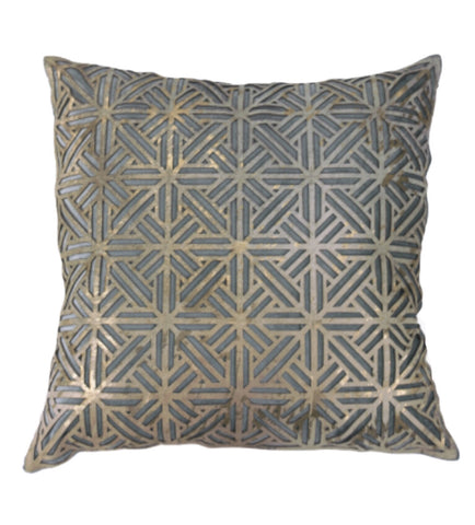 Carson Aqua Velvet and Gold Laser Cut Leather Applique Pillow - Herringbone and Company