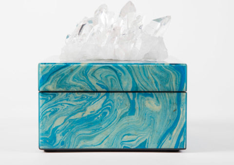Blue & White Swirl Patterned Lacquer Box with Decorative Stone - Herringbone and Company