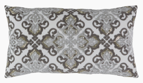 Caroline Grey Velvet and Silver Beaded Applique Lumbar Pillow - Herringbone and Company
