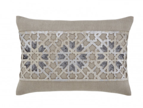Beige Linen with Silver Laser Cut Leather Applique Lumbar Pillow - Herringbone and Company