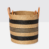 Hudley Black Striped Seagrass Baskets with Leather Handles SET of 3