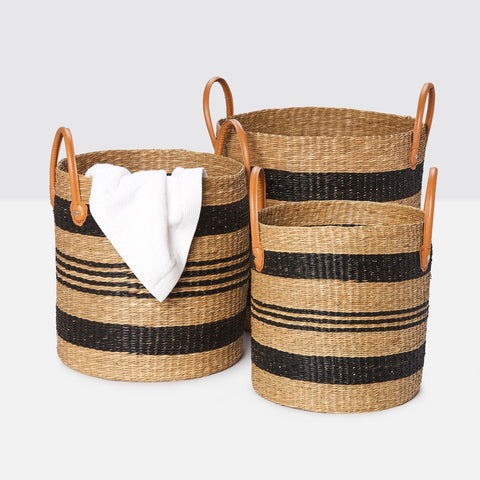 Hudley Black Striped Seagrass Baskets with Leather Handles SET of 3