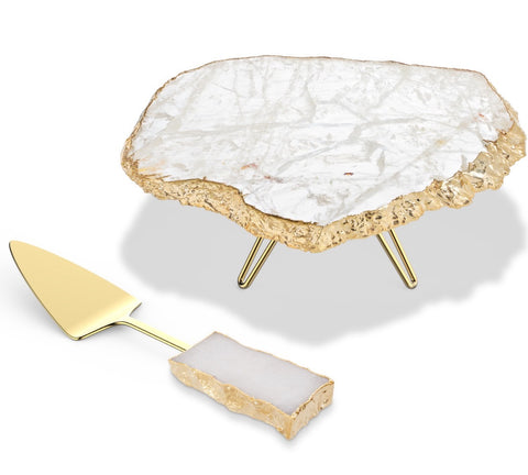 KIV Crystal Quartz and Gold Cake serving set - Herringbone and Company