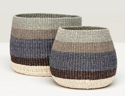 Sammy Blue and Brown Striped Baskets SET of 2 - Herringbone and Company