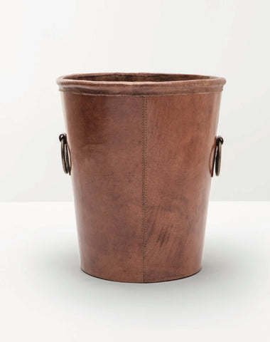 Oden Stitched Leather with Brass Handles Round Trashcan - Herringbone and Company
