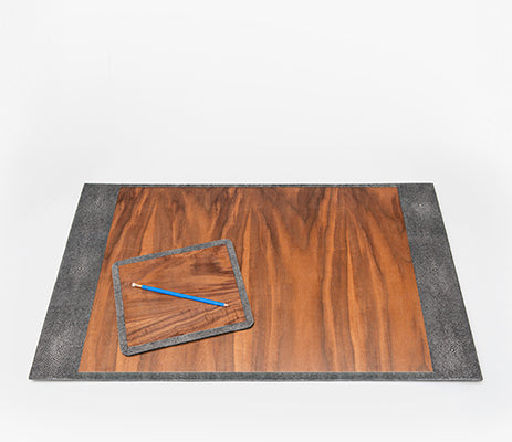 Cruxby Gray Shagreen and Wood Veneer Desk Blotter and Mouse Pad SET - Herringbone and Company