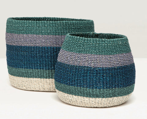 Sammy Blue and Sea Green Striped Baskets SET of 2 - Herringbone and Company