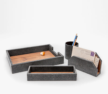 Cruxby Gray Shagreen and Wood 4 Piece Desk Accessory SET - Herringbone and Company