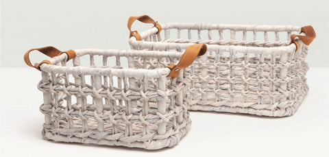Summerset White Woven Baskets with Leather Handles SET of 2 - Herringbone and Company