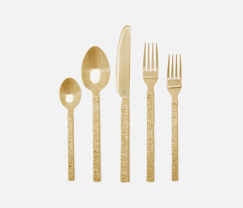 Prestley Polished Gold Abstract Etched 5-Piece Flatware Set - Herringbone and Company