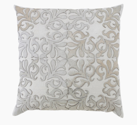 Casey Creme Linen with Laser Cut Hide Hair Leather Applique Pillow - Herringbone and Company
