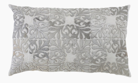Casey Creme Linen with Laser Cut Hide Hair Leather Applique Long Lumbar Pillow - Herringbone and Company
