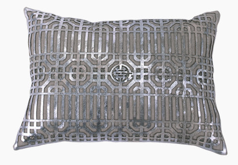 Cassandra Linen and Silver Laser Cut Leather Applique Pillow - Herringbone and Company