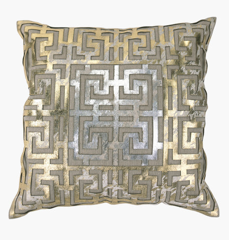 Cox Linen and Silver/Gold Laser Cut Leather Applique Pillow - Herringbone and Company