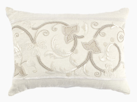 Charlotte Creme Linen Embroidered Lumbar Pillow - Herringbone and Company