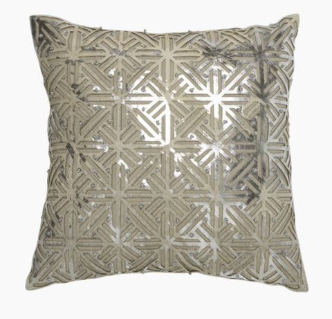Carson Linen and Silver Laser Cut Leather Applique Pillow - Herringbone and Company