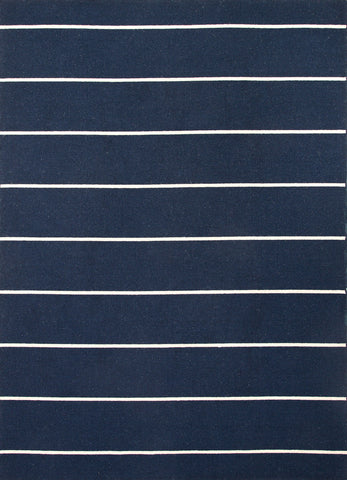 Coastal Shores Cape Cod Striped Dark Blue Flat Weave Wool Rug - Herringbone and Company