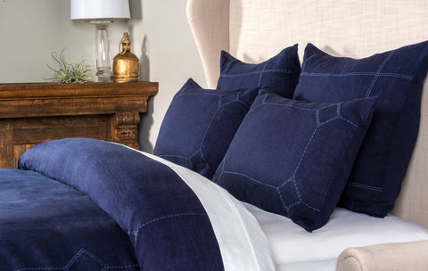 Heilo Navy Blue Stitched Linen Bedding Collection - Herringbone and Company