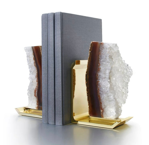 Natural Druze Crystal and Brass Bookends