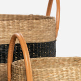 Hudley Black Striped Seagrass Baskets with Leather Handles SET of 3